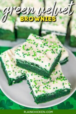 green brownies with cream cheese frosting on a plate
