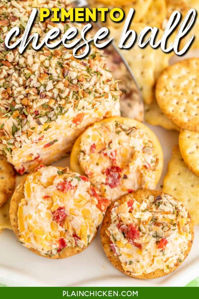 pimento cheese ball on crackers