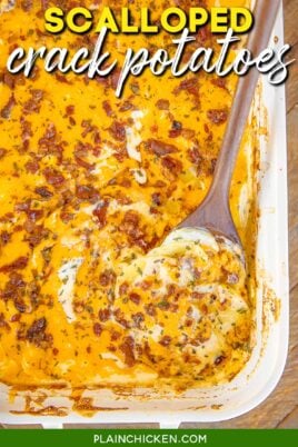 scooping cheese and bacon scalloped potatoes from baking dish
