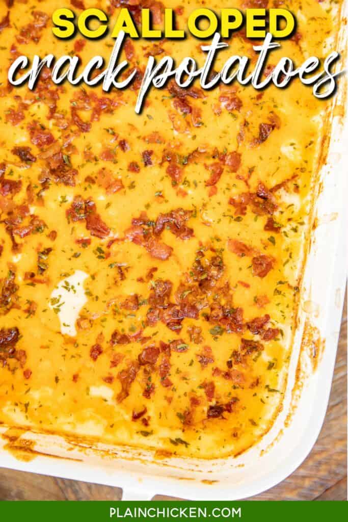 baking dish of cheese and bacon scalloped potatoes