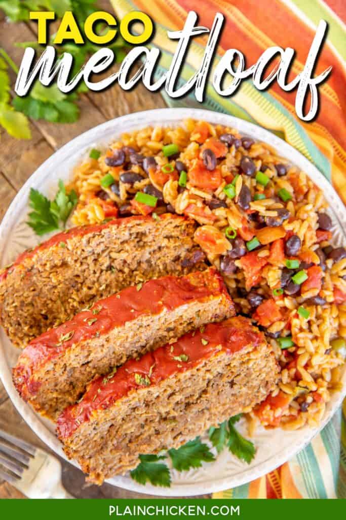 3 slices of taco meatloaf on a plate with mexican rice and beans