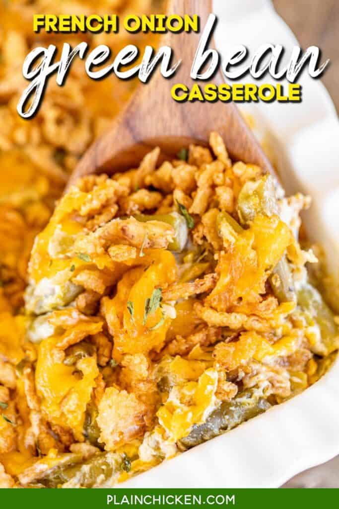 scooping french onion green bean casserole from baking dish