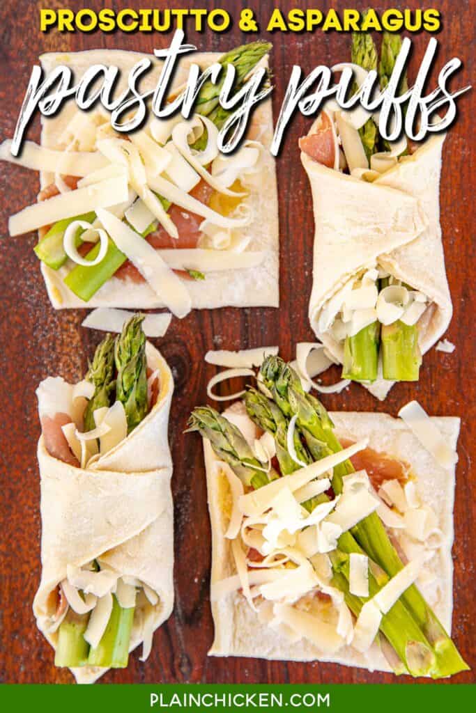 4 puff pastry squares topped with proscuitto asparagus and cheese