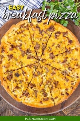 breakfast pizza on a platter with text overlay