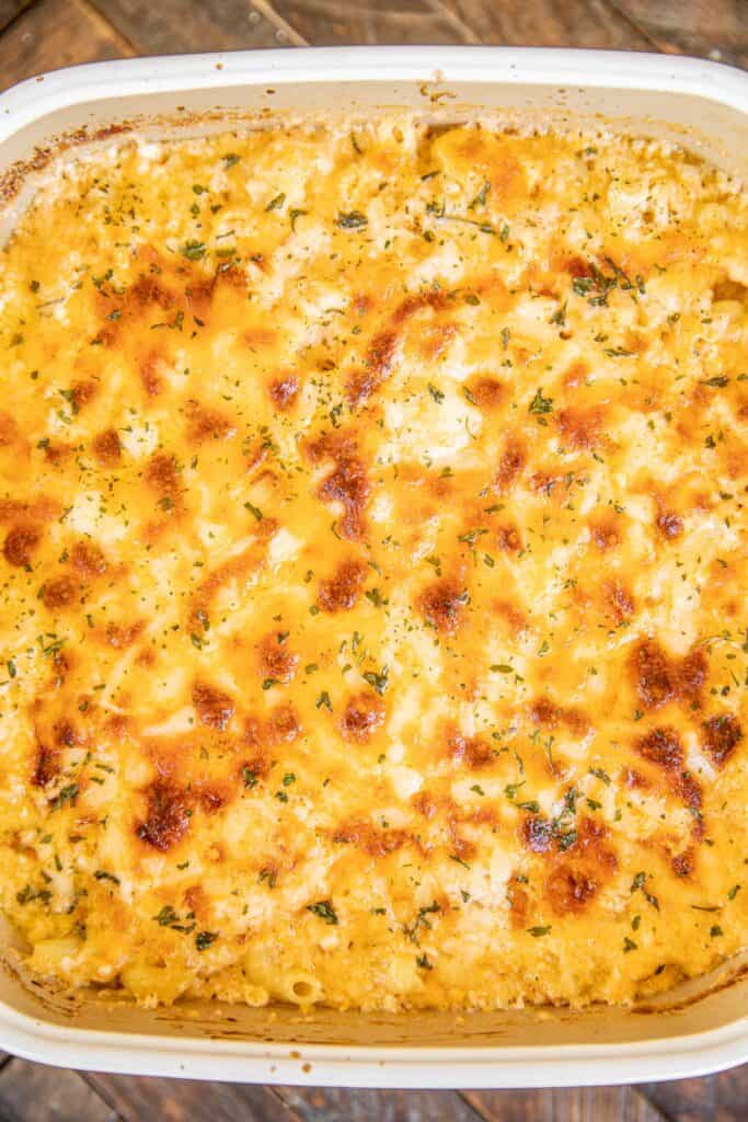 baking dish of baked macaroni and cheese