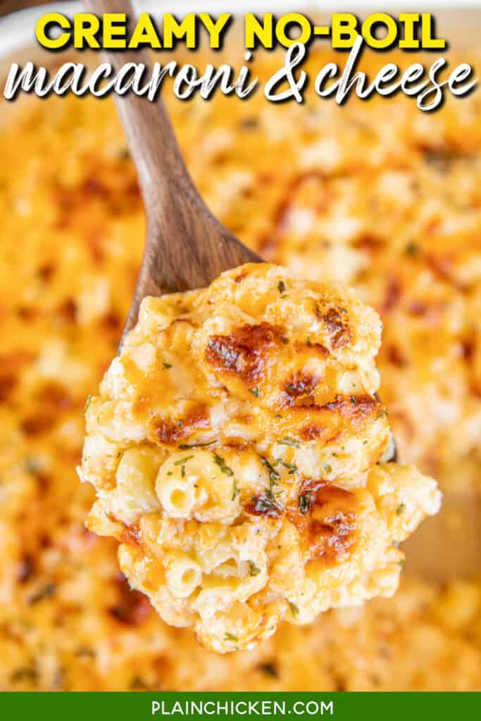 spoonful of macaroni and cheese with text overlay
