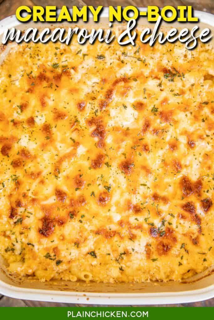 baking dish of macaroni and cheese with text overlay