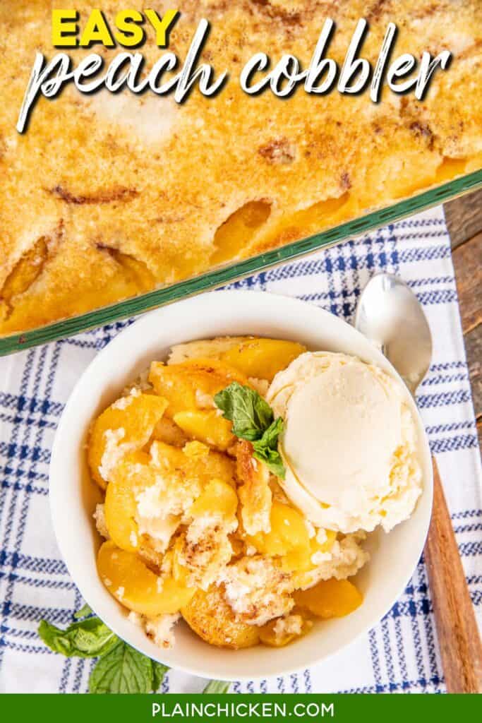 bowl of peach cobbler with ice cream and mint