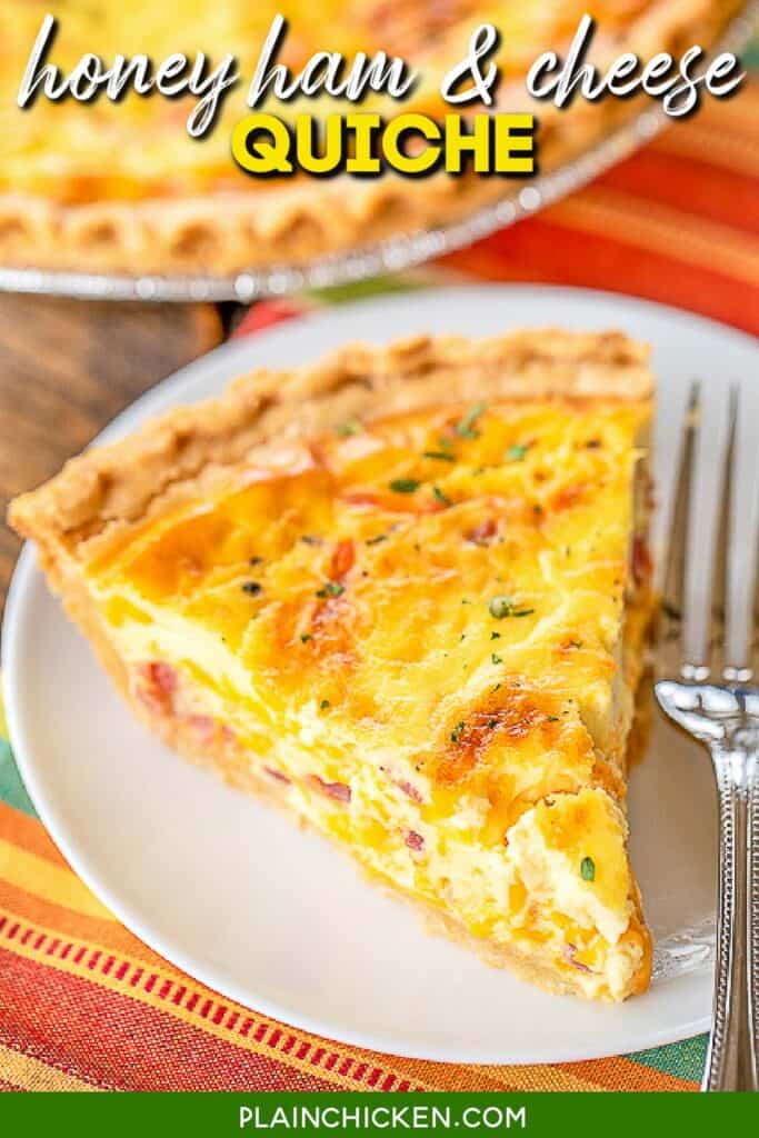 slice of quiche on a plate with text overlay