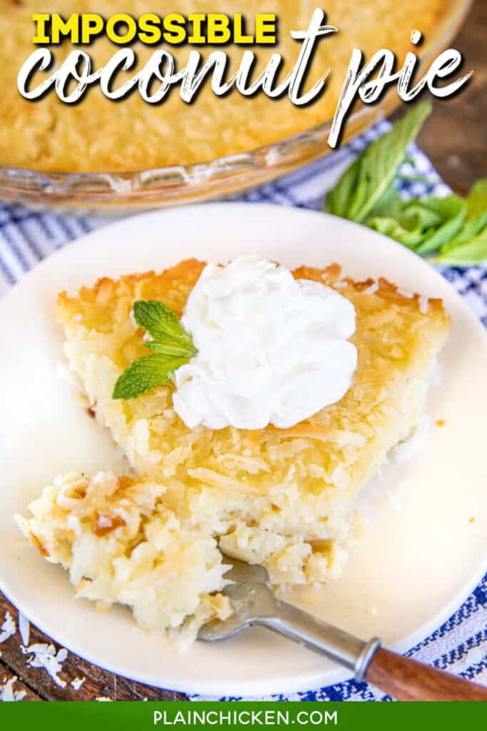 slice of coconut pie on a plate with text overlay