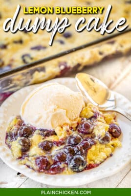 plate of blueberry dump cake with ice cream with text overlay