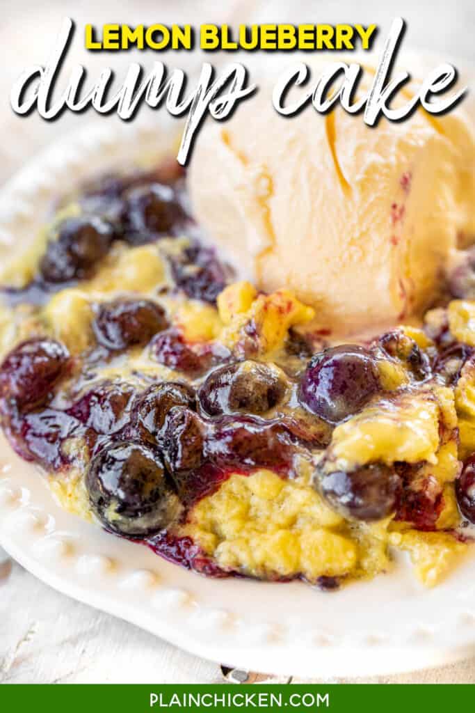 plate of blueberry dump cake with ice cream with text overlay