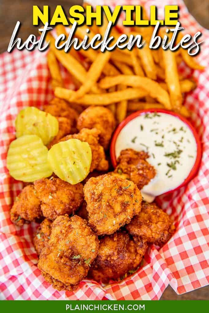 basket of hot chicken nuggets and fries with text overlay