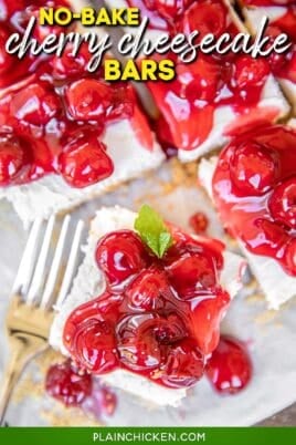 cherry topped cheesecake bars with text overlay