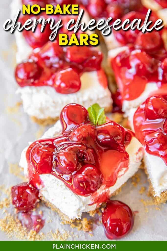 cherry topped cheesecake bars with text overlay