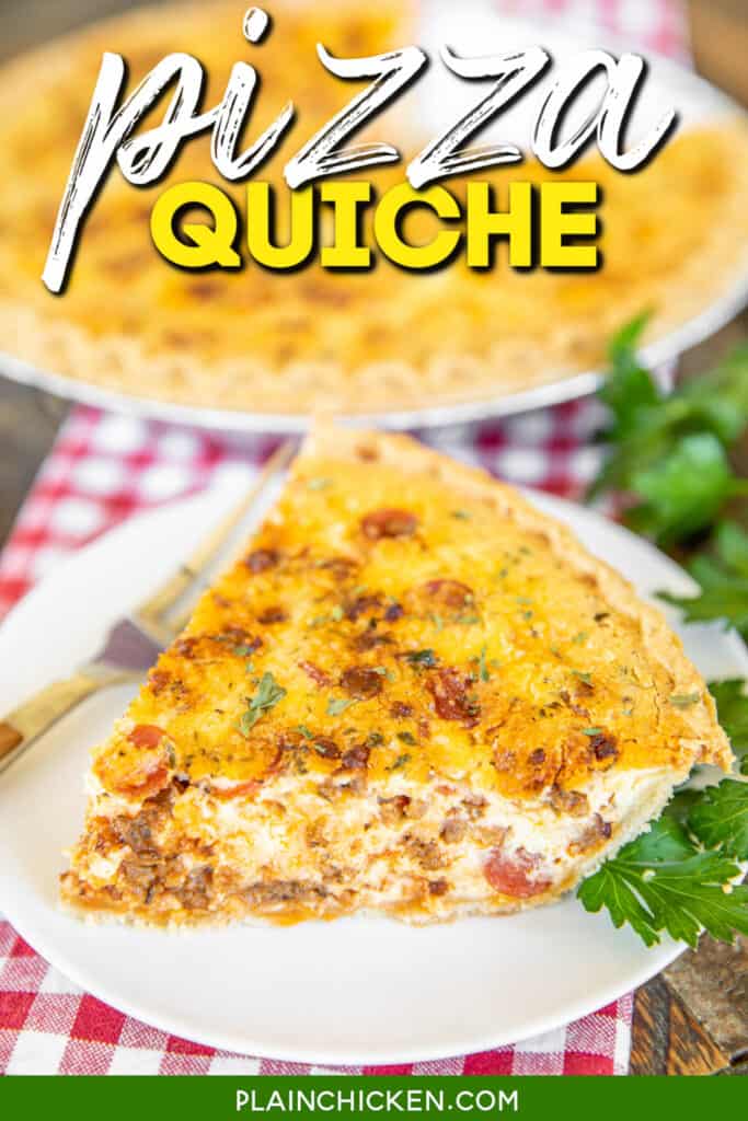 slice of pepperoni and sausage quiche with text overlay