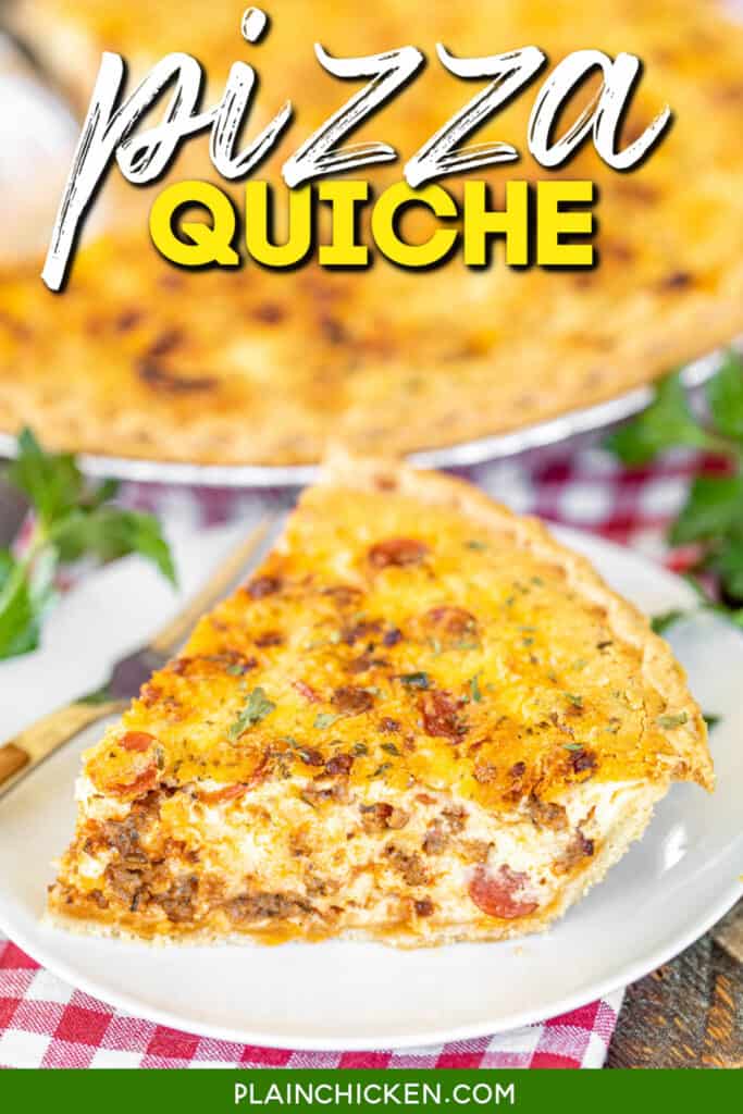 slice of quiche on a plate with text overlay