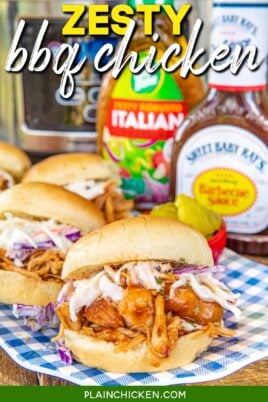 bbq chicken sandwich with slaw on a platter with text overlay