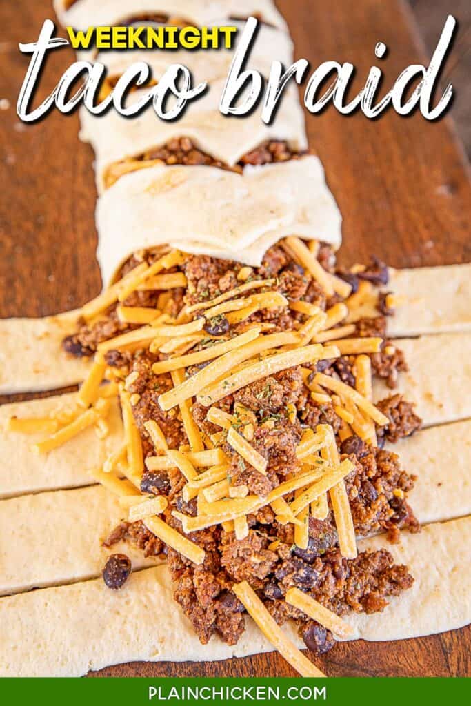 taco meat and cheese on top of crescent rolls with text overlay