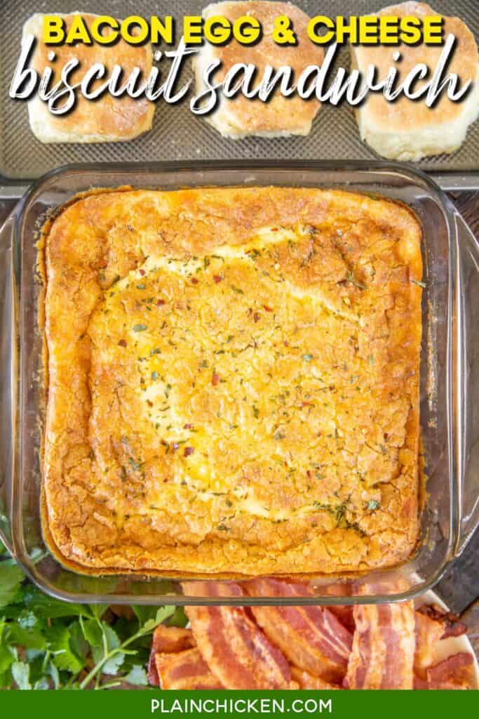 baking dish of baked egg casserole with biscuits and bacon around it