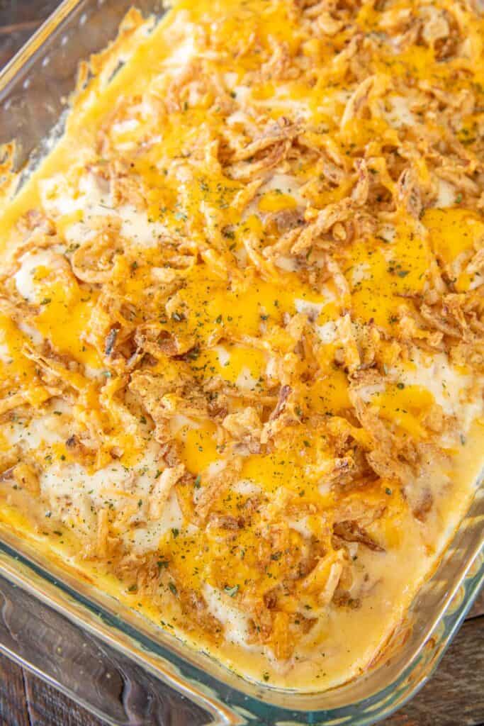 baking dish of sour cream french onion chicken