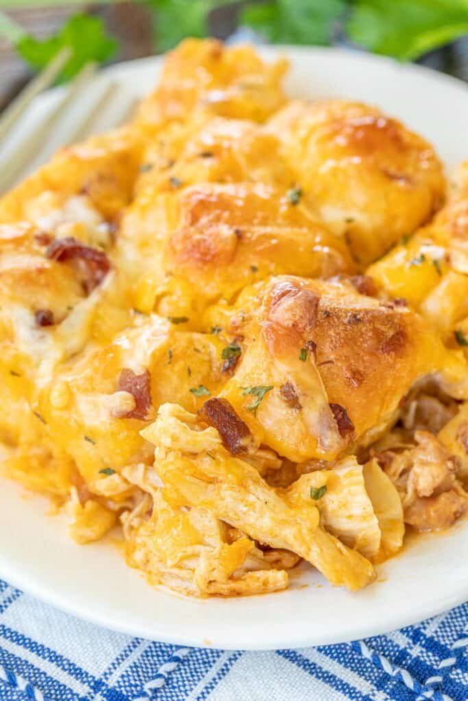 slice of buffalo chicken and biscuit casserole on a plate
