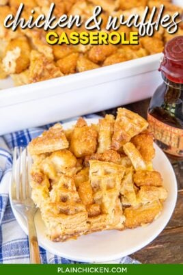 slice of chicken & waffle casserole on a plate with syrup in the background