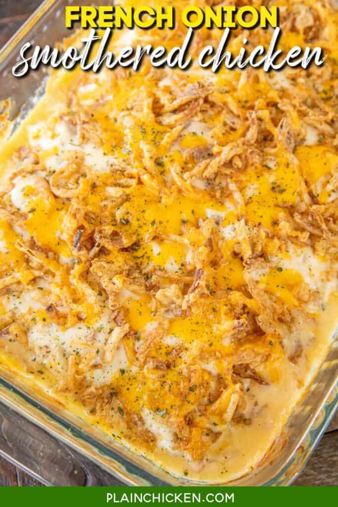 baking dish of sour cream french onion chicken