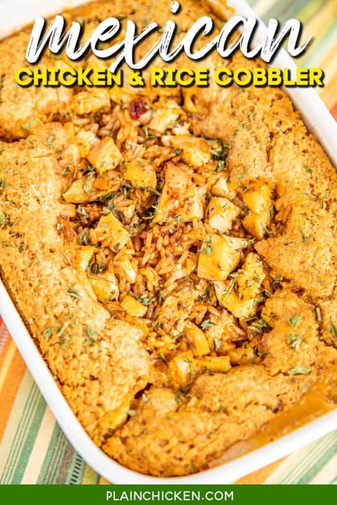 mexican chicken and rice cobbler in baking dish