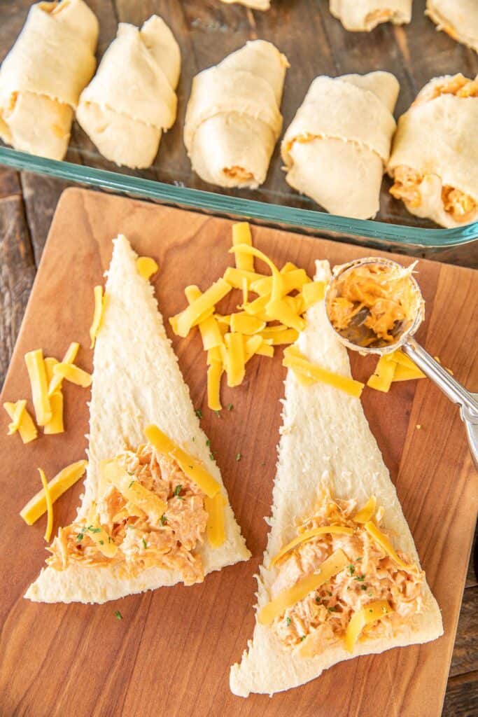 crescent rolls topped with buffalo chicken and cheese