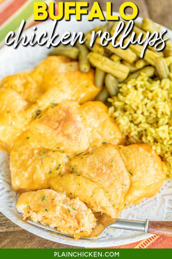plate of chicken crescents with rice and green beans