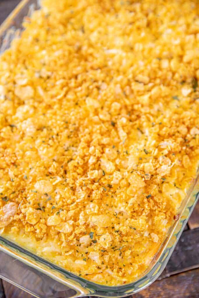 baking dish of potatoes topped with cornflakes