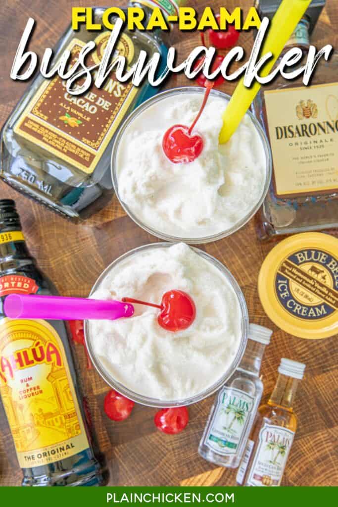 two bushwhacker drinks with liquor bottles with text overlay