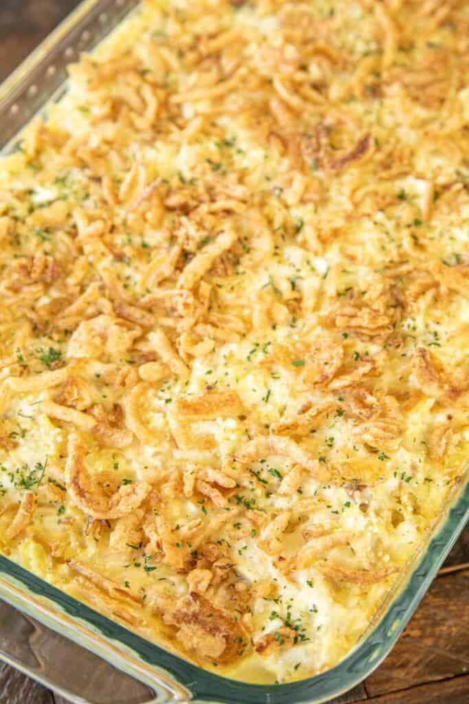 baking dish of chicken and rice casserole
