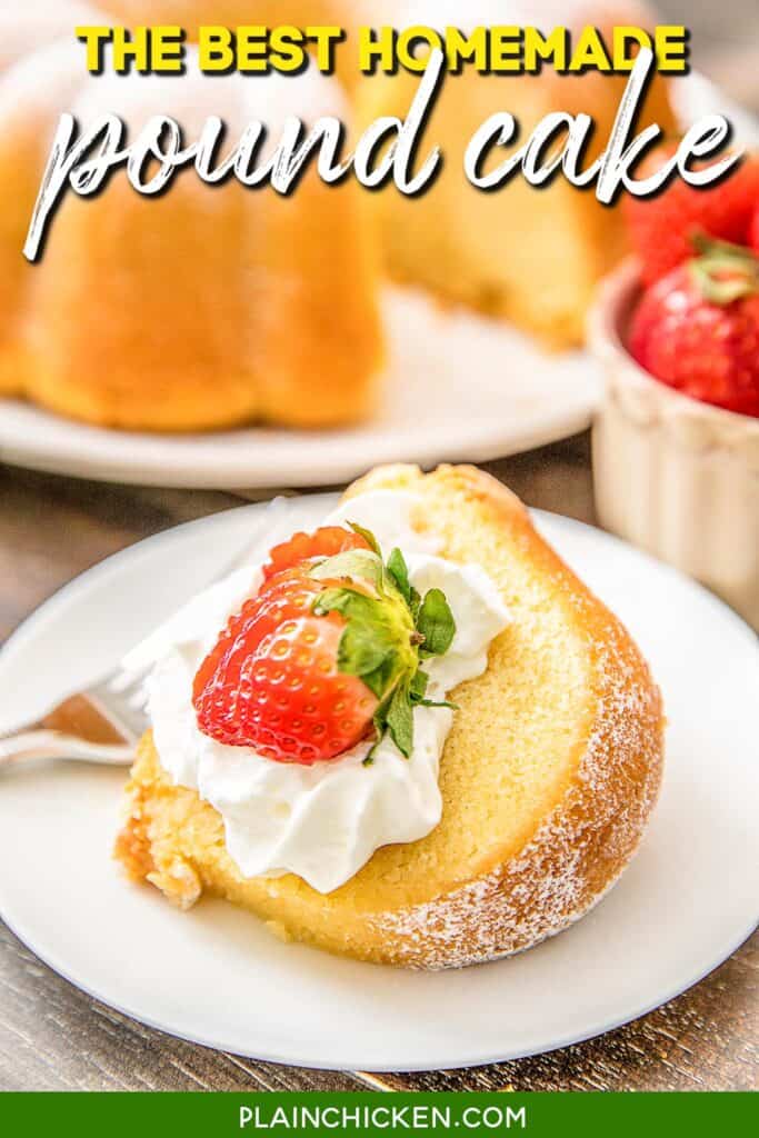 slice of pound cake on a plate topped with whipped cream and strawberries