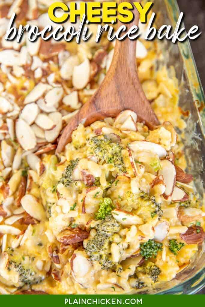 scooping broccoli rice casserole from baking dish