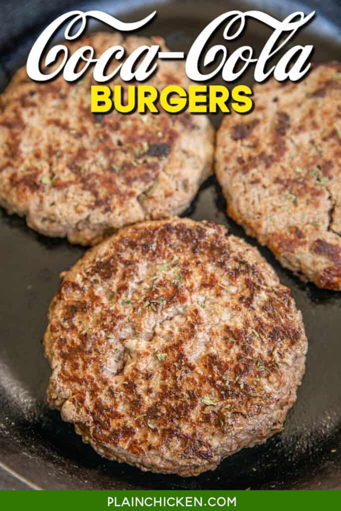 cooked burgers in a cast iron pan