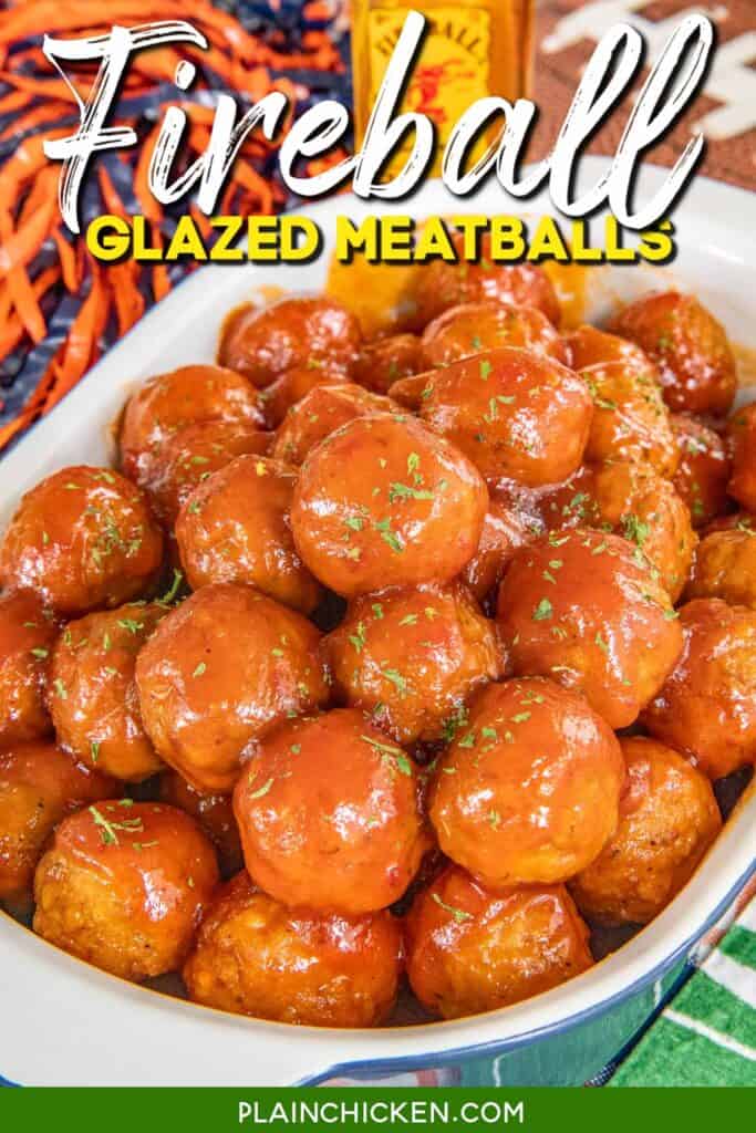 fireball glazed meatballs in a baking dish