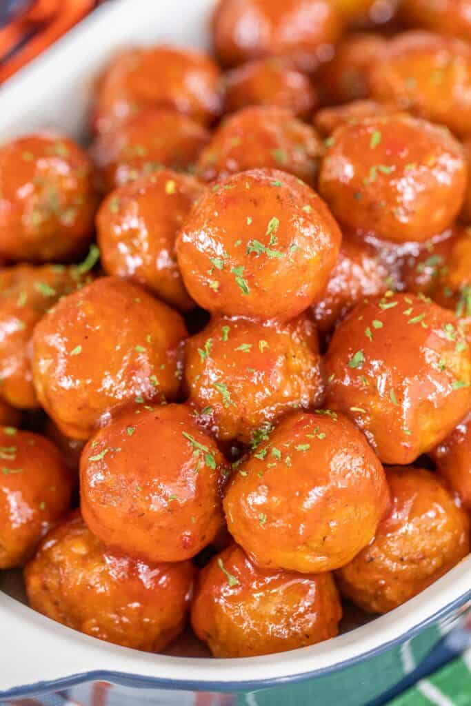 glazed meatballs in a baking dish