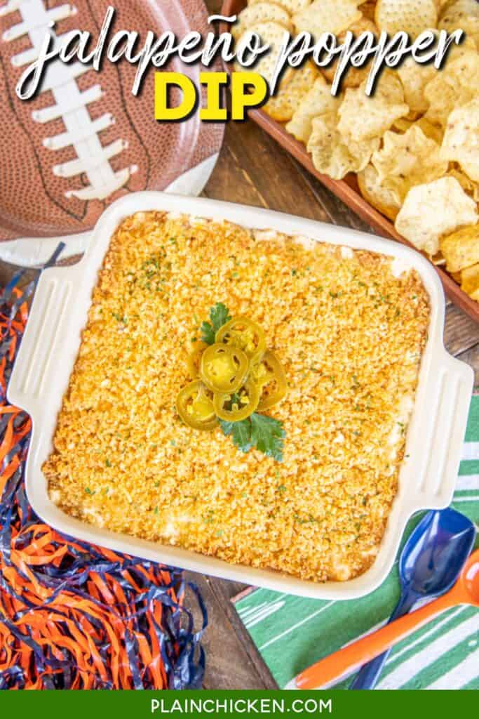 baking dish of dip topped with jalapenos