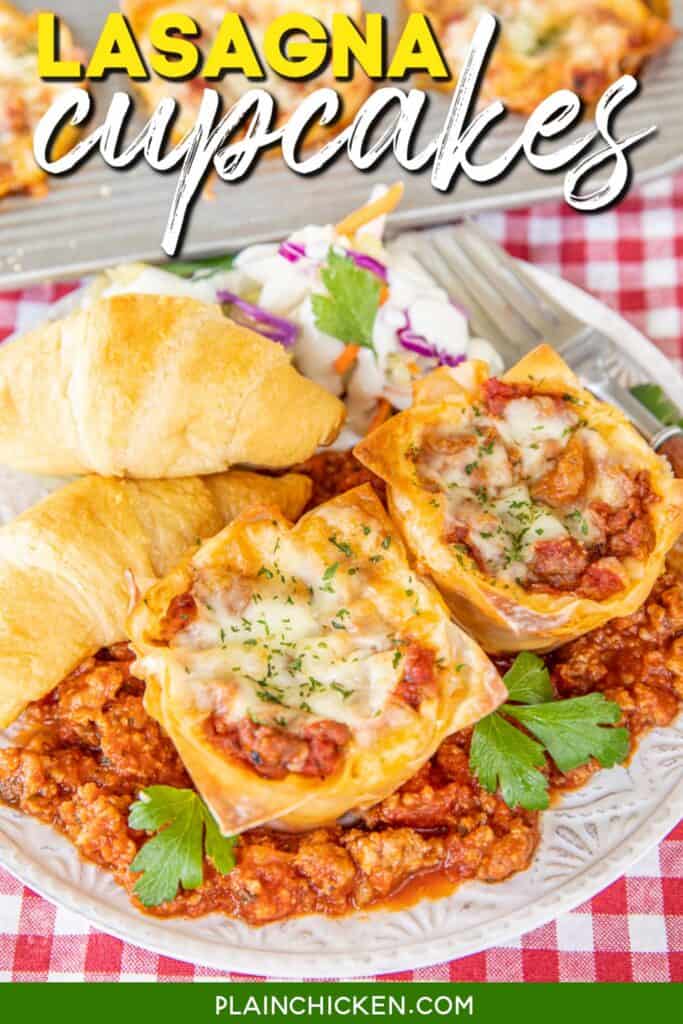 lasagna cupcakes on a plate with meat sauce