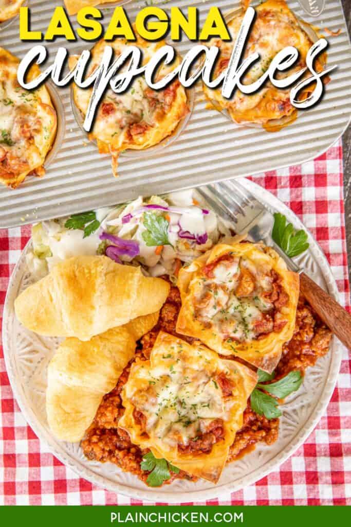 lasagna cupcakes on a plate with meat sauce