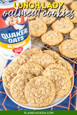 plate of oatmeal cookies with a canister of oatmeal in the background