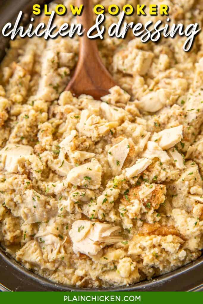 scooping chicken and dressing from slow cooker