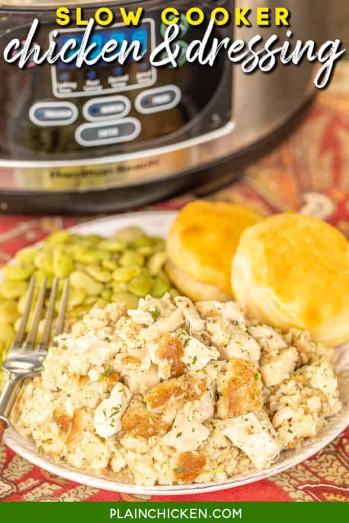 plate of chicken and dressing with slow cooker in the background