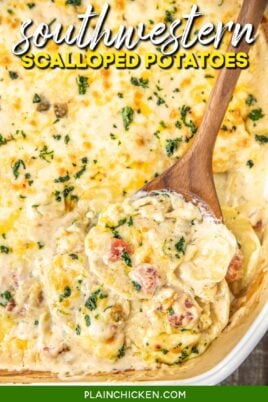 scooping scalloped potatoes from baking dish