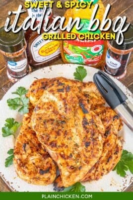plate of grilled chicken with ingredients behind it