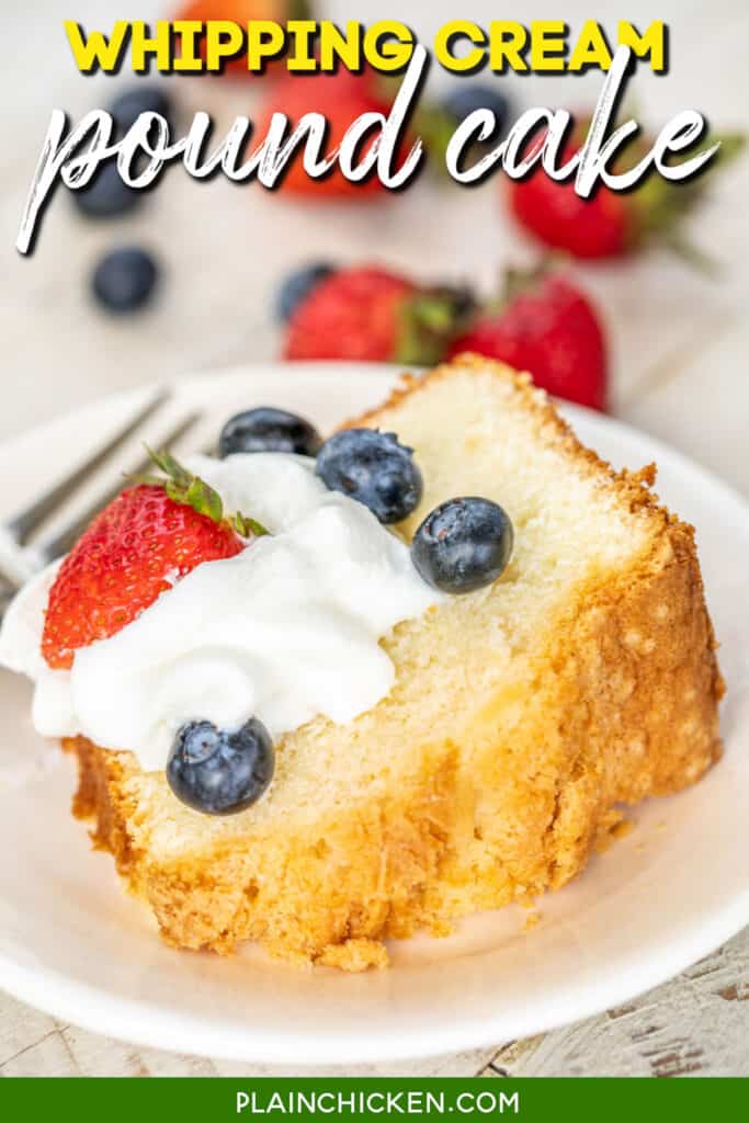 slice of pound cake topped with whipped cream and berries on a plate