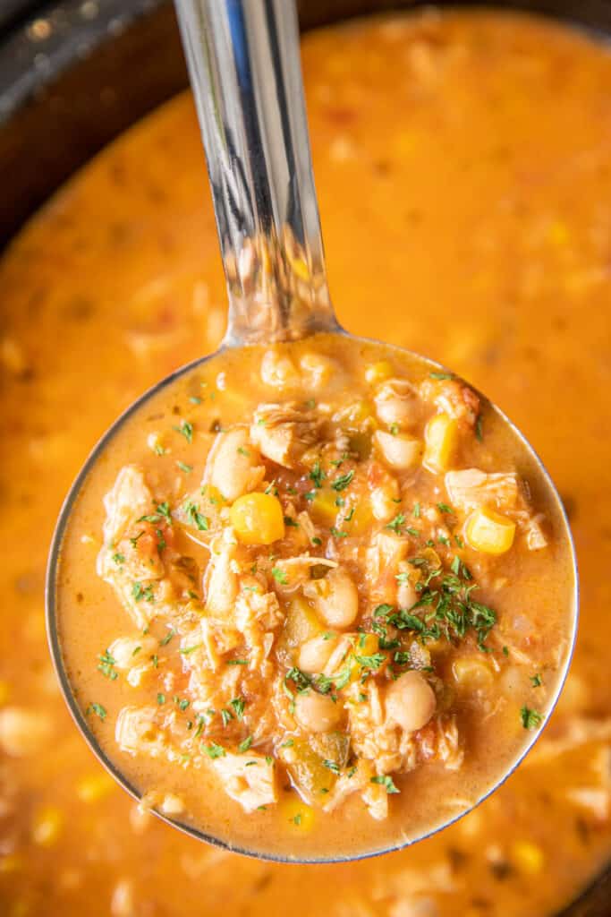 ladle of chicken chili with corn