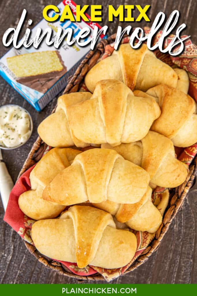 crescent roll in a basket with butter and cake mix in the background